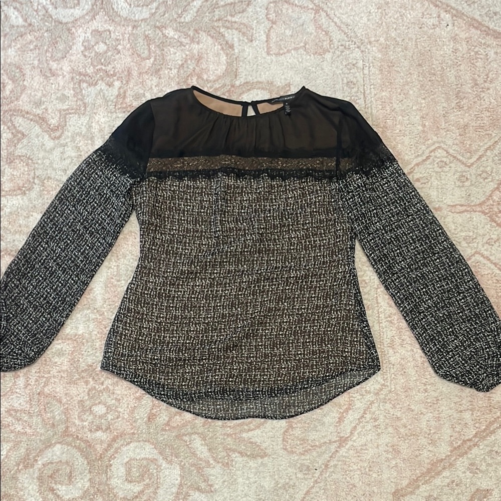 White House Black Market Ruffled Black and White Blouse